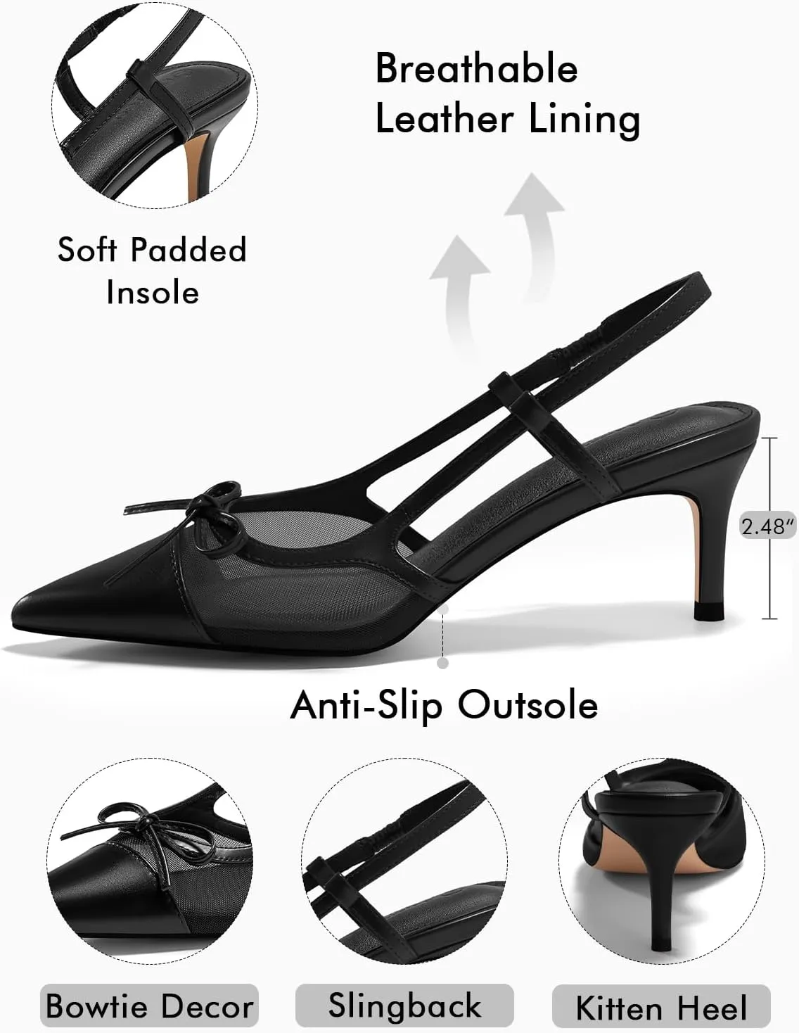 Coutgo Womens Kitten Heels Slingback Mesh Pumps Bow Tie Closed Pointed Toe Two Tone Slip on Work Dress Shoes