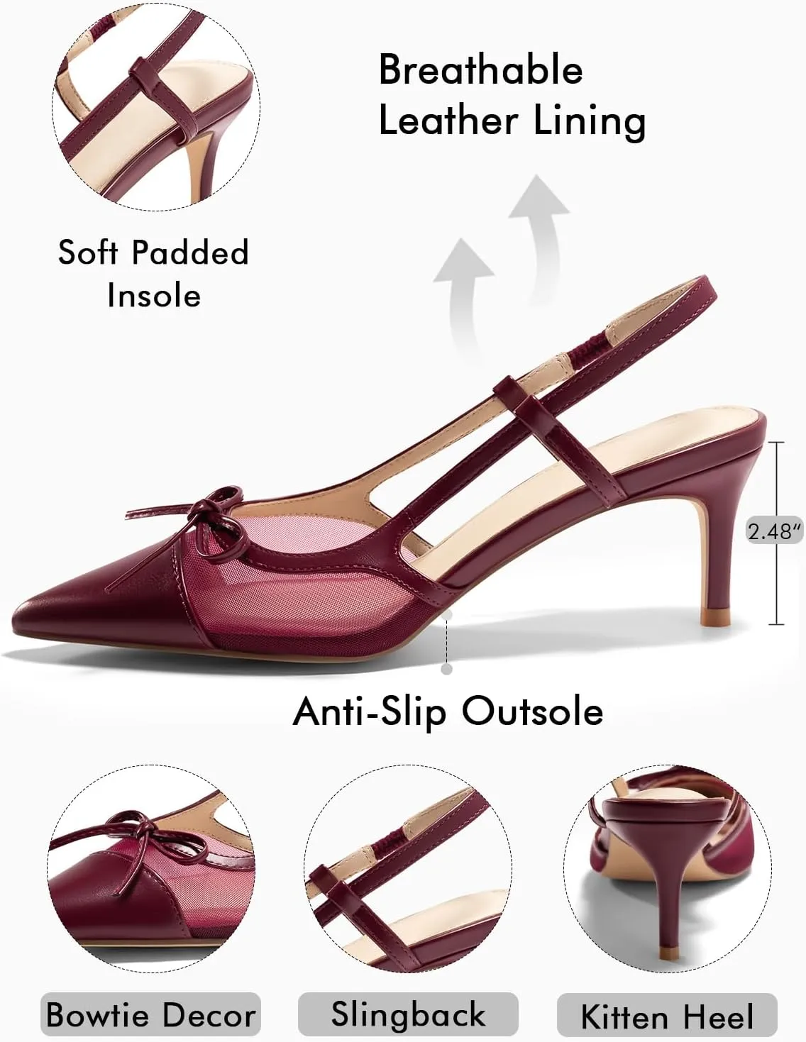 Coutgo Womens Kitten Heels Slingback Mesh Pumps Bow Tie Closed Pointed Toe Two Tone Slip on Work Dress Shoes