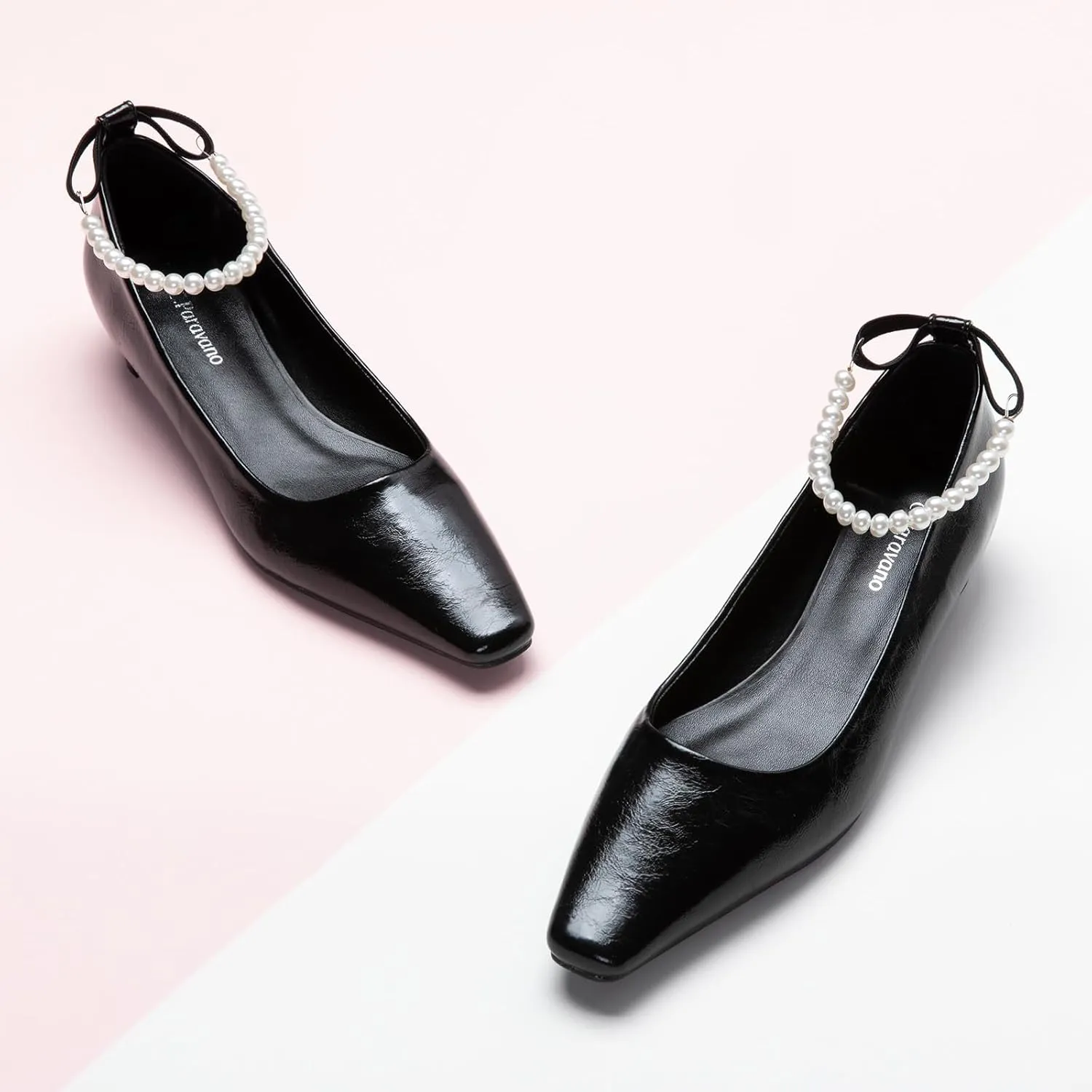C.Paravano Chunky Low Heel Women's Square Toe Pumps Slip-On Closed Toe Low Heeled Pearl Ankle Strap Pumps Bridal Wedding Shoes