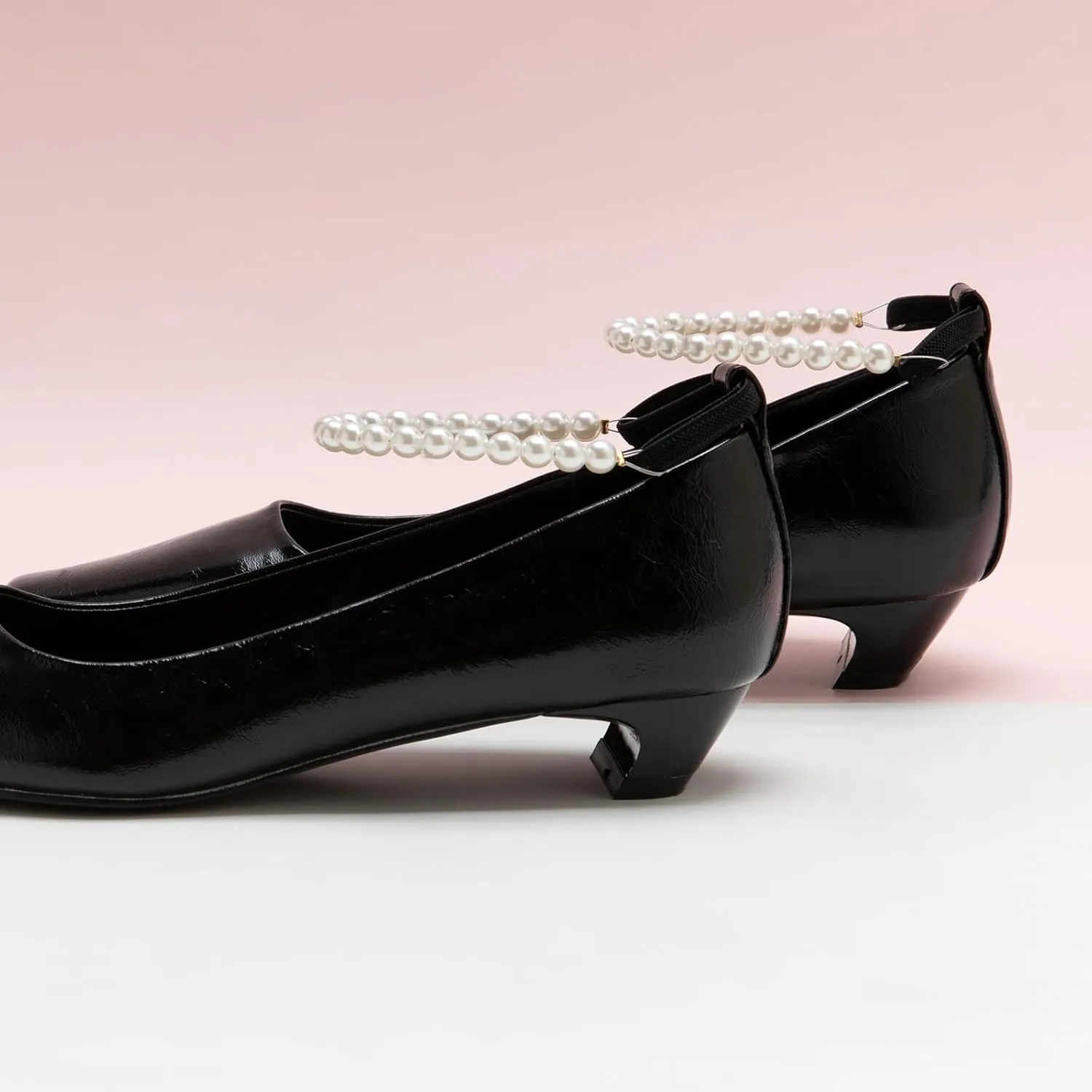 C.Paravano Chunky Low Heel Women's Square Toe Pumps Slip-On Closed Toe Low Heeled Pearl Ankle Strap Pumps Bridal Wedding Shoes