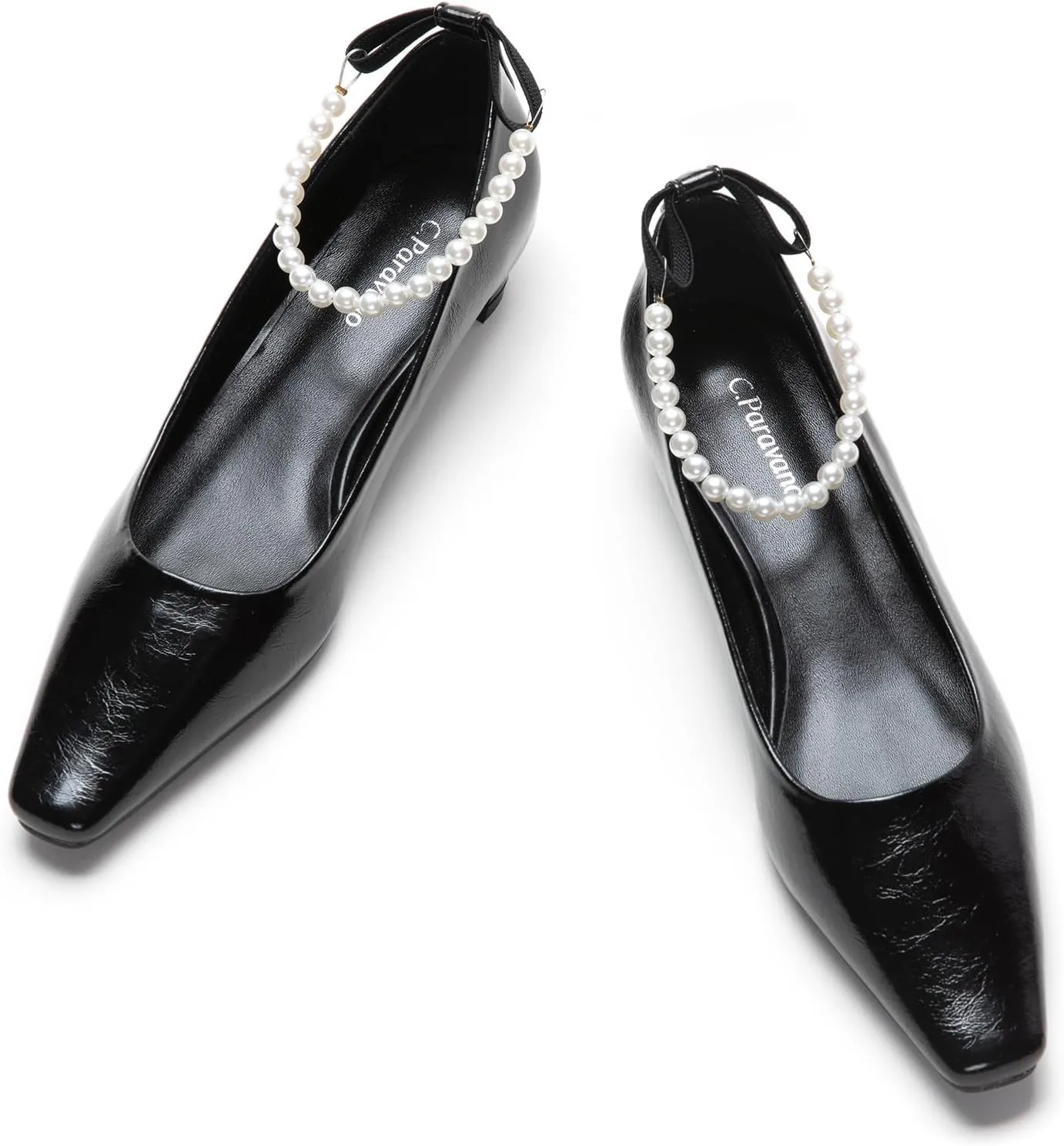 C.Paravano Chunky Low Heel Women's Square Toe Pumps Slip-On Closed Toe Low Heeled Pearl Ankle Strap Pumps Bridal Wedding Shoes