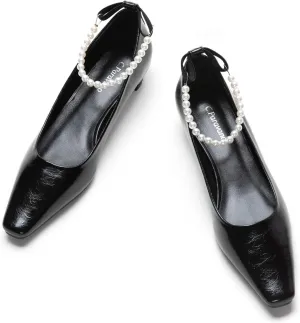 C.Paravano Chunky Low Heel Women's Square Toe Pumps Slip-On Closed Toe Low Heeled Pearl Ankle Strap Pumps Bridal Wedding Shoes