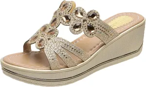 Cubicbee Women's Rhinestone Wedge Fashion Bohemian Sandals Slippers,Comfortable Non-Slip Slip on Beach Slippers Open Toe Evening Shiny Wedding Dress Wide Sandals