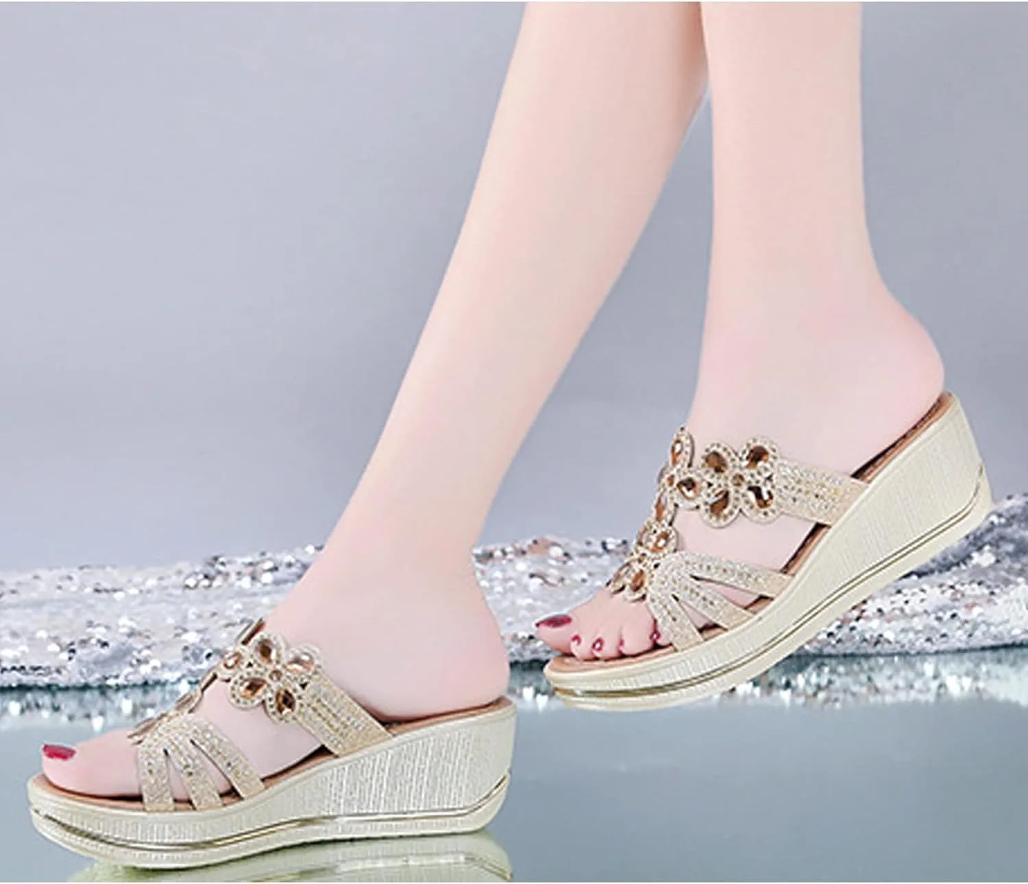 Cubicbee Women's Rhinestone Wedge Fashion Bohemian Sandals Slippers,Comfortable Non-Slip Slip on Beach Slippers Open Toe Evening Shiny Wedding Dress Wide Sandals