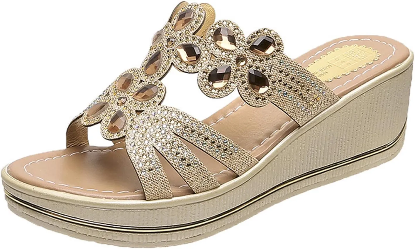 Cubicbee Women's Rhinestone Wedge Fashion Bohemian Sandals Slippers,Comfortable Non-Slip Slip on Beach Slippers Open Toe Evening Shiny Wedding Dress Wide Sandals