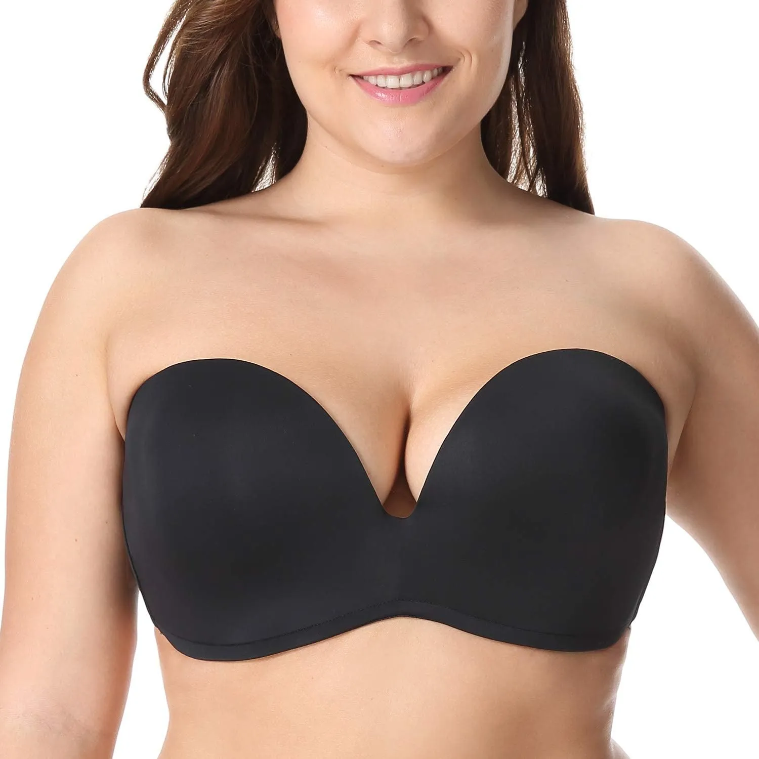 DELIMIRA Women's Strapless Bra Plunge Push Up for Big Busted Seamless Slightly Lined Support Lift Plus Size Invisible