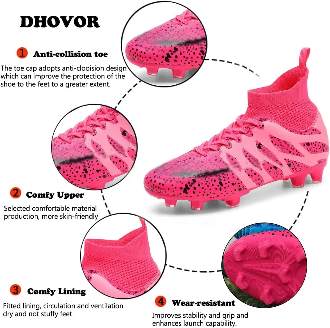 DHOVOR Boys Girls High-Top Soccer Cleats Youth Football Cleats Lightweight Indoor Soccer Shoes for Kids Indoor/Outdoor/Competition/Unisex