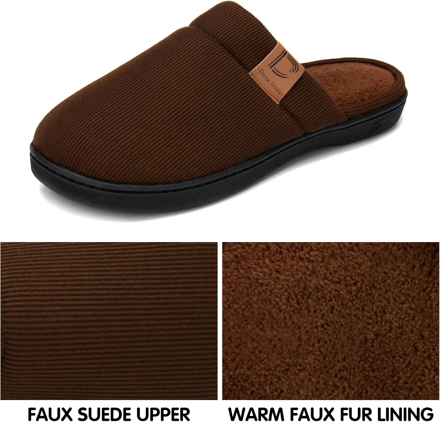 DL Men's Memory Foam Slippers with Fuzzy Plush Lining, Slip on House Slippers with Indoor Outdoor Anti-Skid Rubber Sole