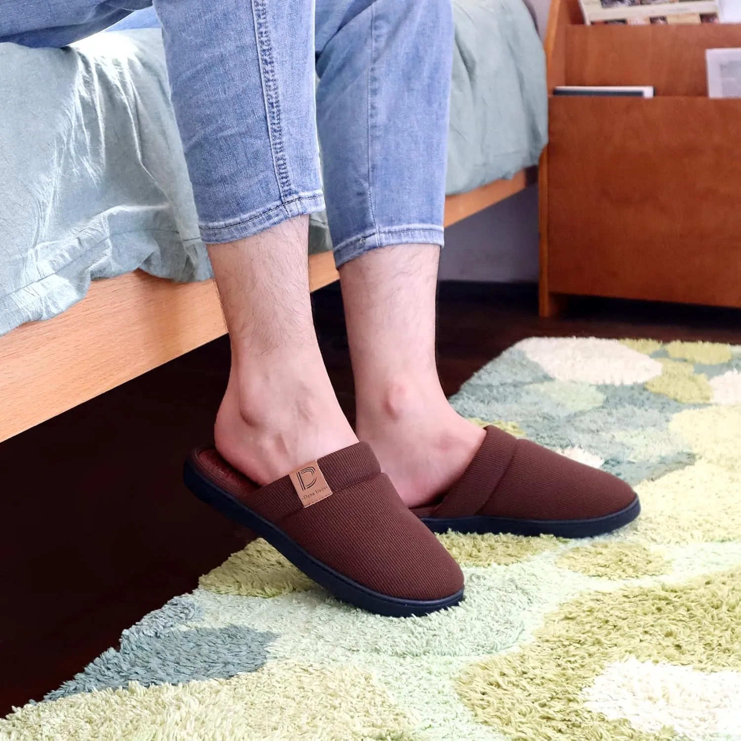 DL Men's Memory Foam Slippers with Fuzzy Plush Lining, Slip on House Slippers with Indoor Outdoor Anti-Skid Rubber Sole