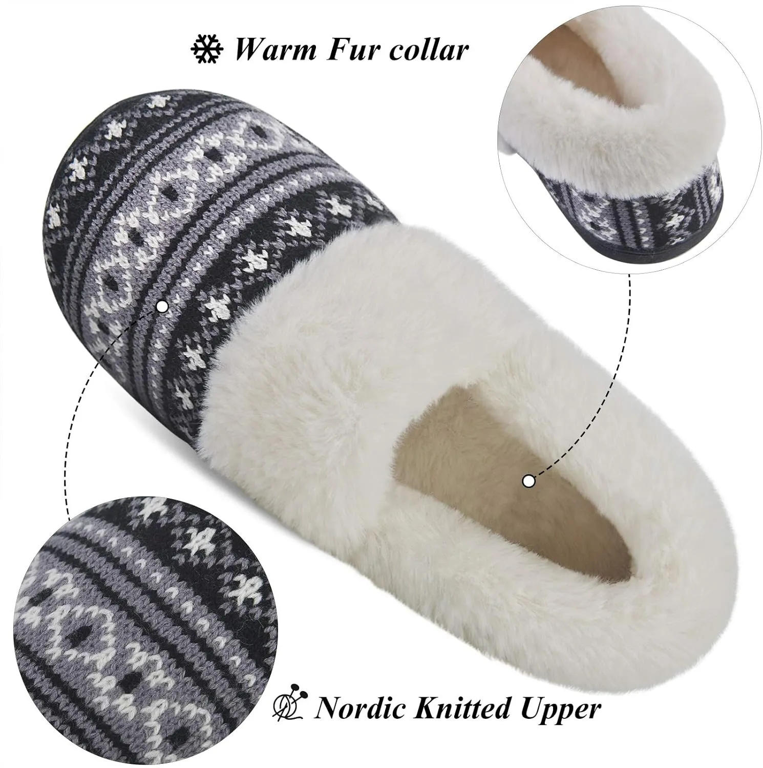 DL Women's Comfy House Slippers with Faux Fur Lining, Memory Foam Slip on House Shoes Nordic with Indoor Outdoor Anti-Skid Rubber Sole