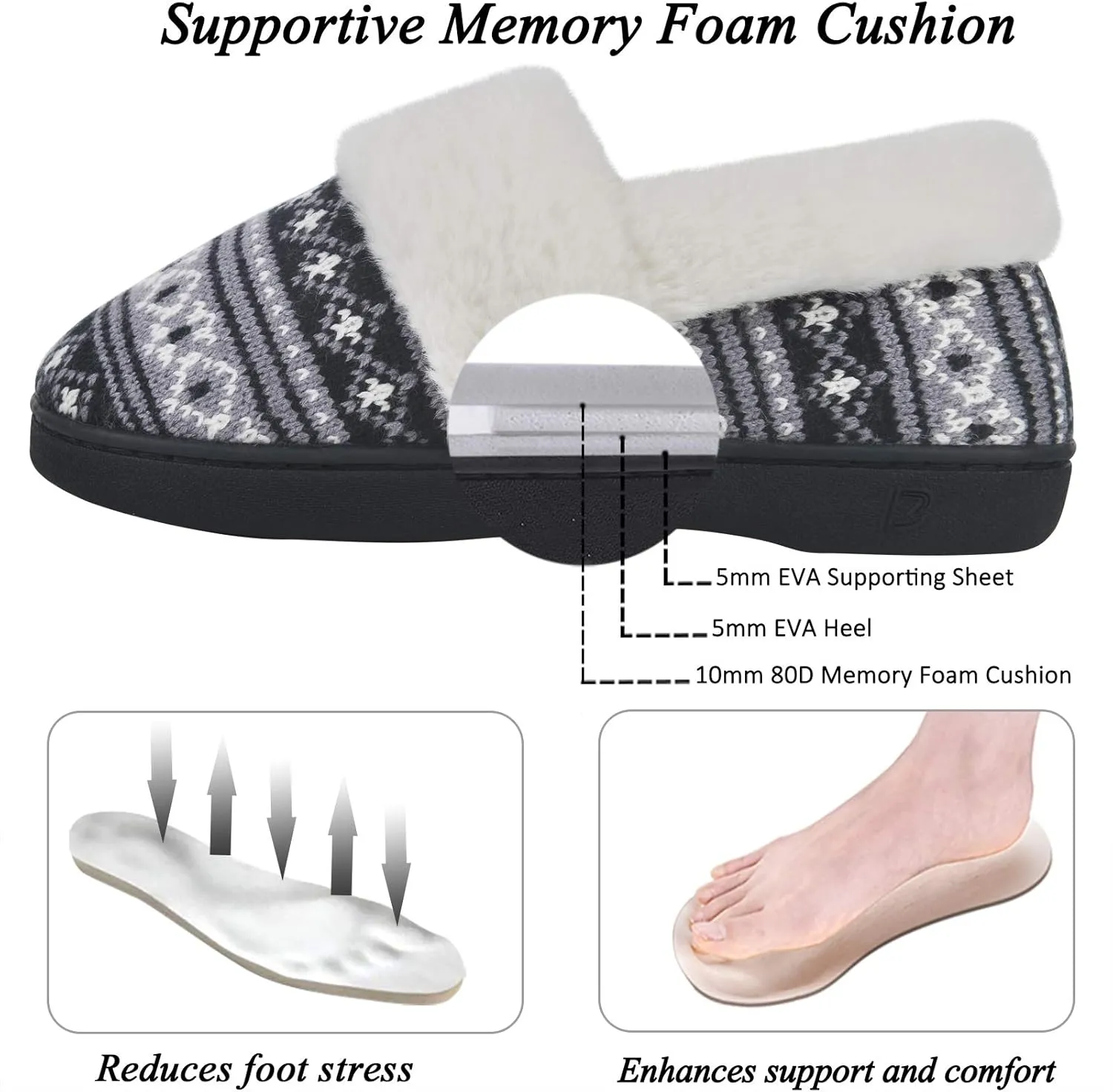 DL Women's Comfy House Slippers with Faux Fur Lining, Memory Foam Slip on House Shoes Nordic with Indoor Outdoor Anti-Skid Rubber Sole