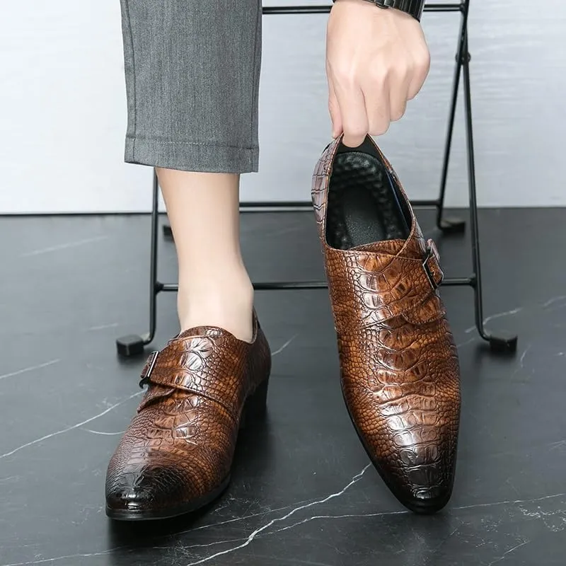 Dress Formal Shoes for Men Slip On Pointed Burnished Toe Faux Leather Crocodile Print Monk Strap Non Slip Low Top Anti-Slip Rubber Sole Walking