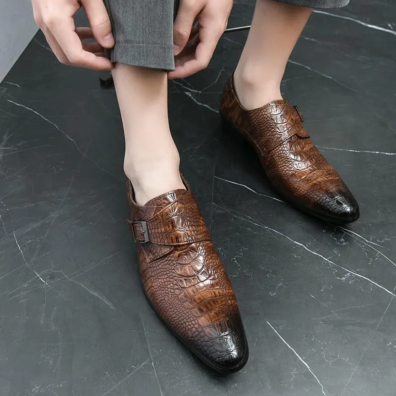 Dress Formal Shoes for Men Slip On Pointed Burnished Toe Faux Leather Crocodile Print Monk Strap Non Slip Low Top Anti-Slip Rubber Sole Walking