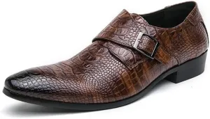 Dress Formal Shoes for Men Slip On Pointed Burnished Toe Faux Leather Crocodile Print Monk Strap Non Slip Low Top Anti-Slip Rubber Sole Walking