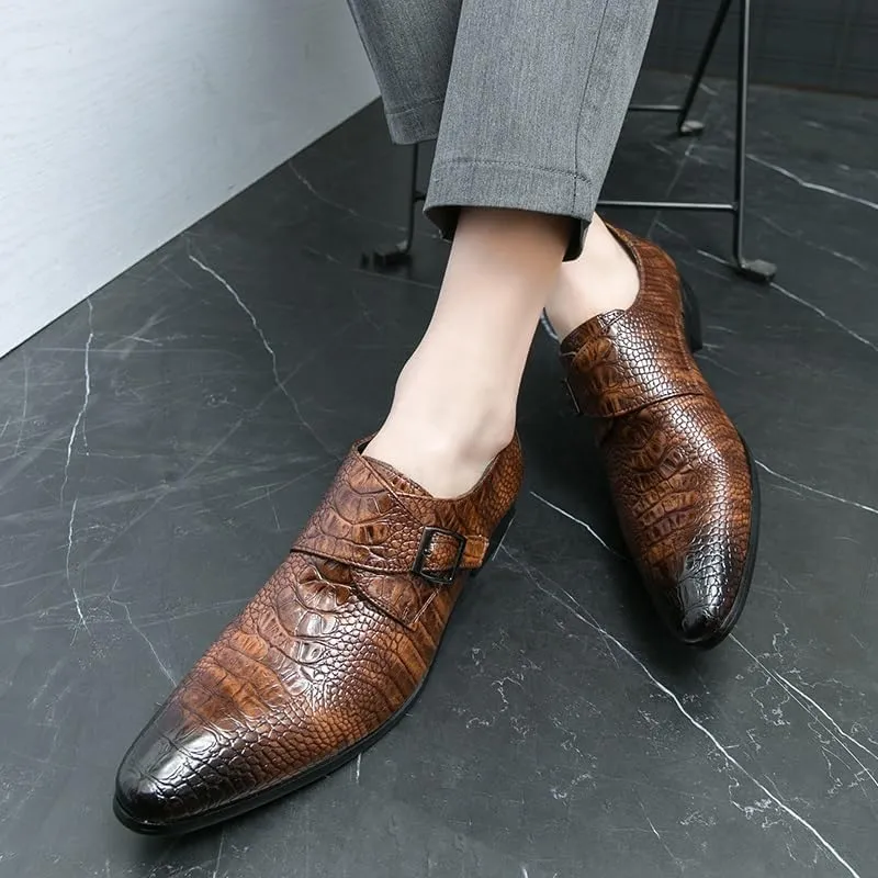 Dress Formal Shoes for Men Slip On Pointed Burnished Toe Faux Leather Crocodile Print Monk Strap Non Slip Low Top Anti-Slip Rubber Sole Walking