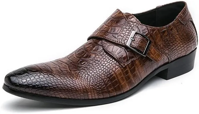 Dress Formal Shoes for Men Slip On Pointed Burnished Toe Faux Leather Crocodile Print Monk Strap Non Slip Low Top Anti-Slip Rubber Sole Walking