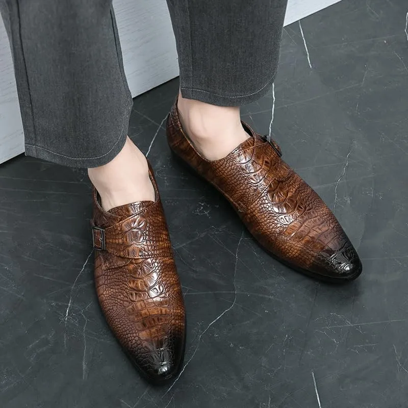 Dress Formal Shoes for Men Slip On Pointed Burnished Toe Faux Leather Crocodile Print Monk Strap Non Slip Low Top Anti-Slip Rubber Sole Walking