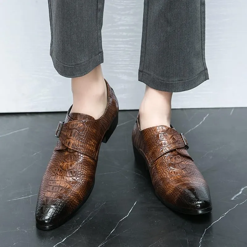 Dress Formal Shoes for Men Slip On Pointed Burnished Toe Faux Leather Crocodile Print Monk Strap Non Slip Low Top Anti-Slip Rubber Sole Walking