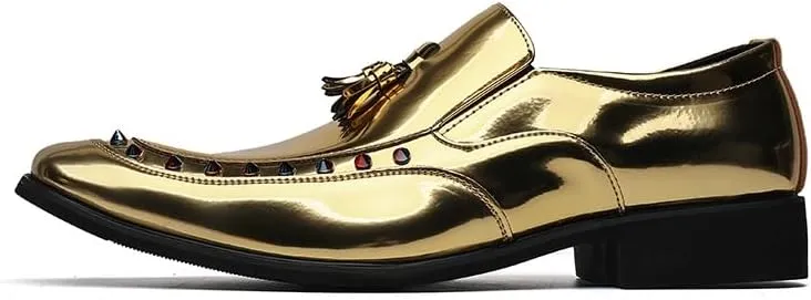 Dress Oxford for Men Slip On Pointed Toe PU Leather with Tassel Studs Decoration Non Slip Resistant Block Heel Rubber Sole Anti-Slip Outdoor