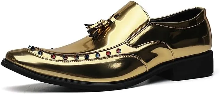 Dress Oxford for Men Slip On Pointed Toe PU Leather with Tassel Studs Decoration Non Slip Resistant Block Heel Rubber Sole Anti-Slip Outdoor