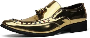 Dress Oxford for Men Slip On Pointed Toe PU Leather with Tassel Studs Decoration Non Slip Resistant Block Heel Rubber Sole Anti-Slip Outdoor