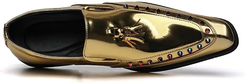Dress Oxford for Men Slip On Pointed Toe PU Leather with Tassel Studs Decoration Non Slip Resistant Block Heel Rubber Sole Anti-Slip Outdoor