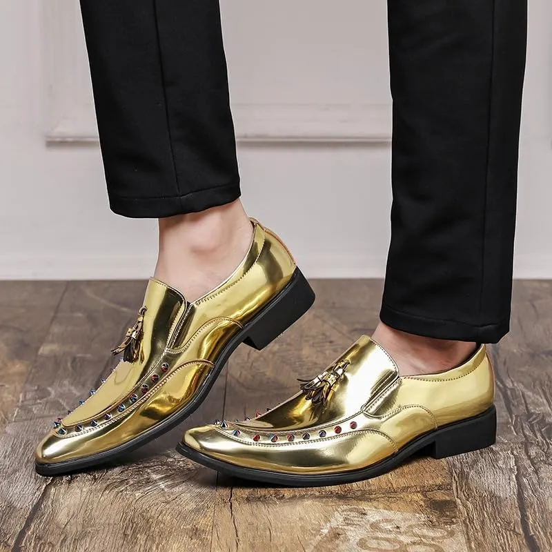 Dress Oxford for Men Slip On Pointed Toe PU Leather with Tassel Studs Decoration Non Slip Resistant Block Heel Rubber Sole Anti-Slip Outdoor