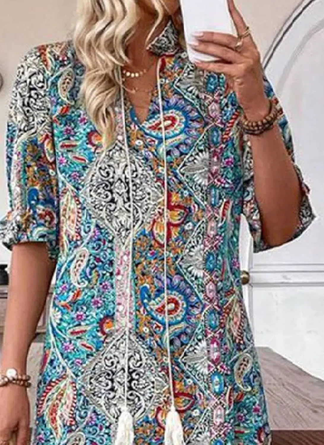 Dresses for Women Bohemian Paisley Print V Neck Half Sleeve Dress Casual A Line Tiered Hem Maxi Dress