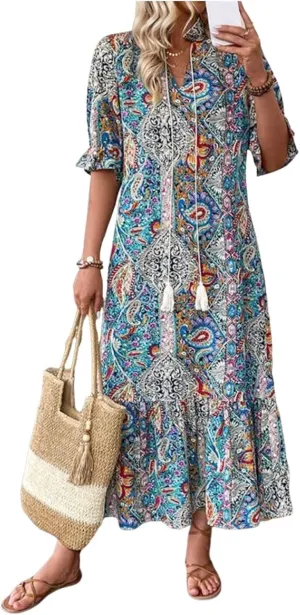 Dresses for Women Bohemian Paisley Print V Neck Half Sleeve Dress Casual A Line Tiered Hem Maxi Dress