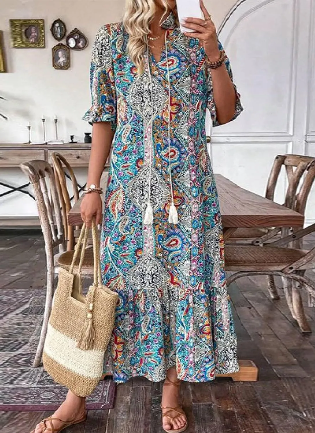Dresses for Women Bohemian Paisley Print V Neck Half Sleeve Dress Casual A Line Tiered Hem Maxi Dress