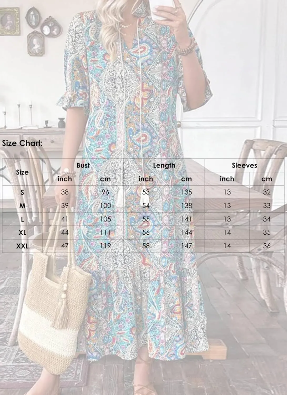 Dresses for Women Bohemian Paisley Print V Neck Half Sleeve Dress Casual A Line Tiered Hem Maxi Dress
