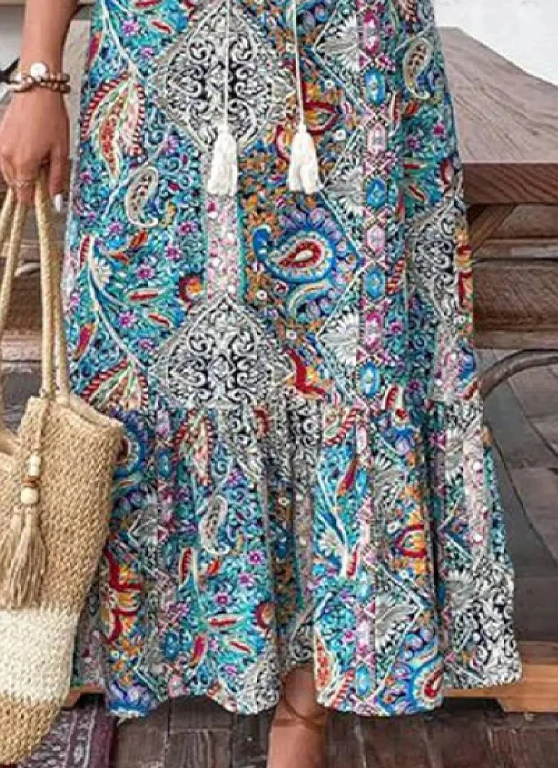 Dresses for Women Bohemian Paisley Print V Neck Half Sleeve Dress Casual A Line Tiered Hem Maxi Dress