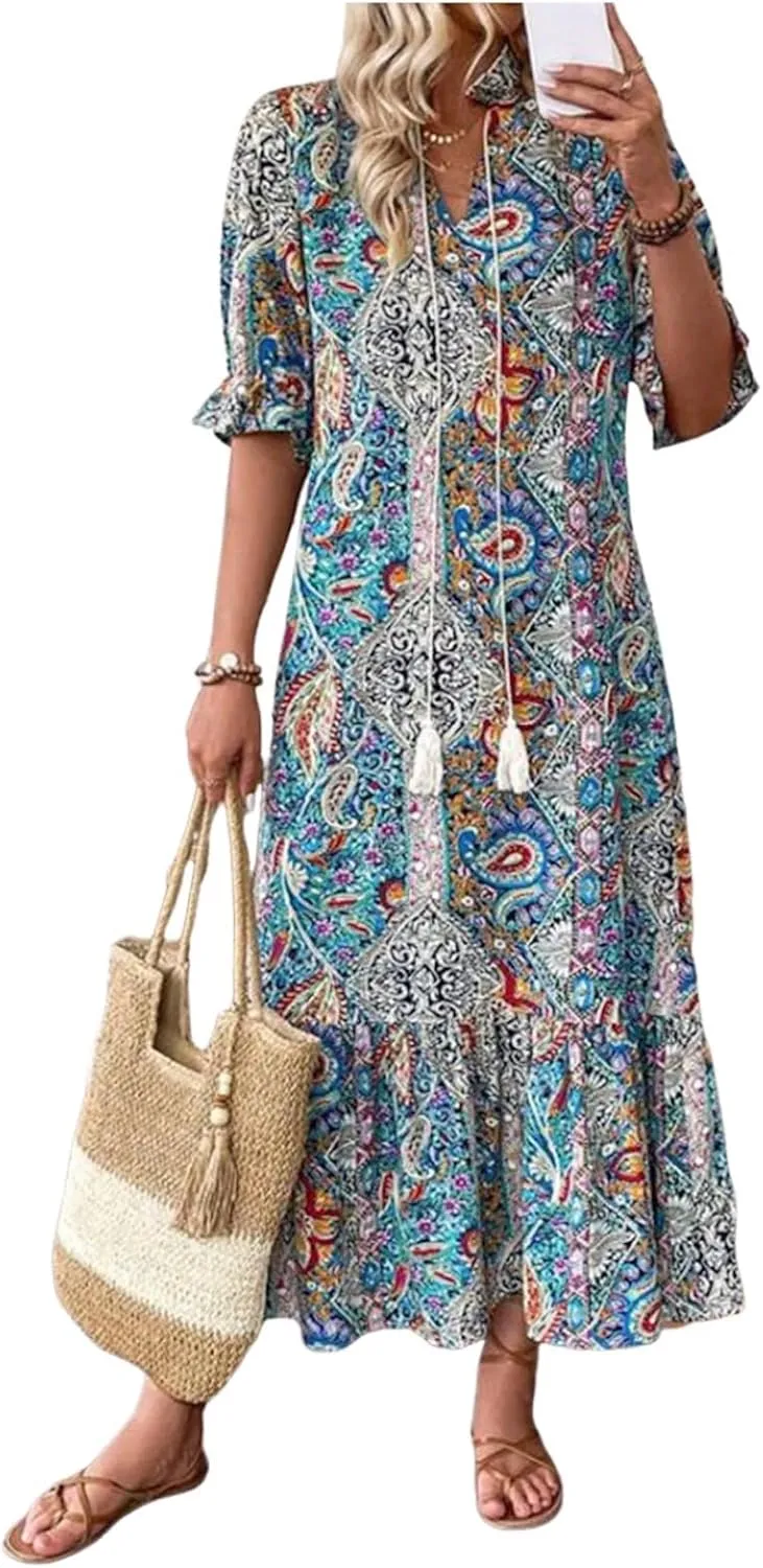 Dresses for Women Bohemian Paisley Print V Neck Half Sleeve Dress Casual A Line Tiered Hem Maxi Dress