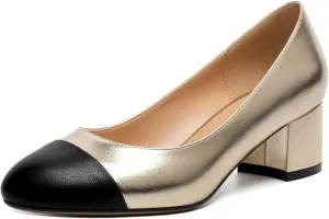 Eldof Women's Round Cap Toe Block Heels Slip On Chunky Low Heel Pumps for Wedding Party Office Classic Dress Shoes 2 Inches