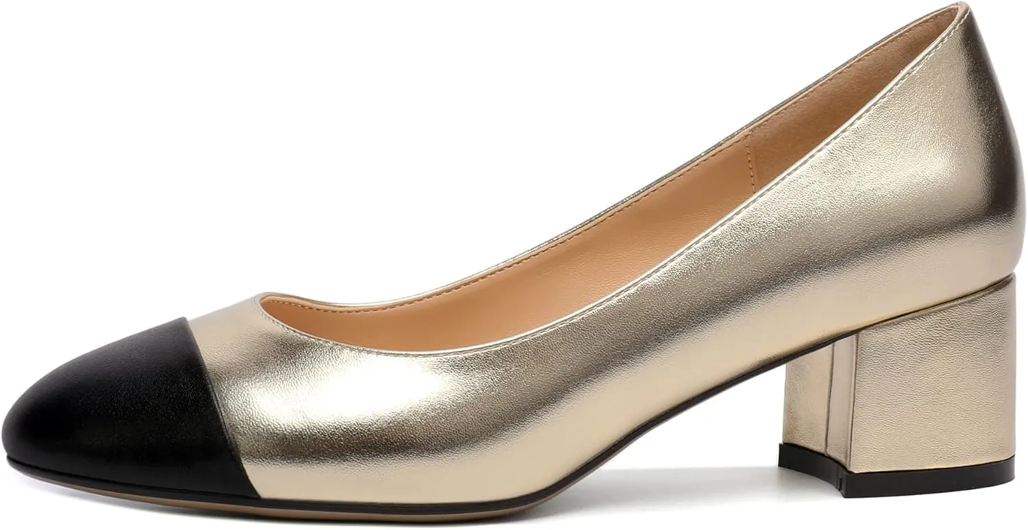 Eldof Women's Round Cap Toe Block Heels Slip On Chunky Low Heel Pumps for Wedding Party Office Classic Dress Shoes 2 Inches