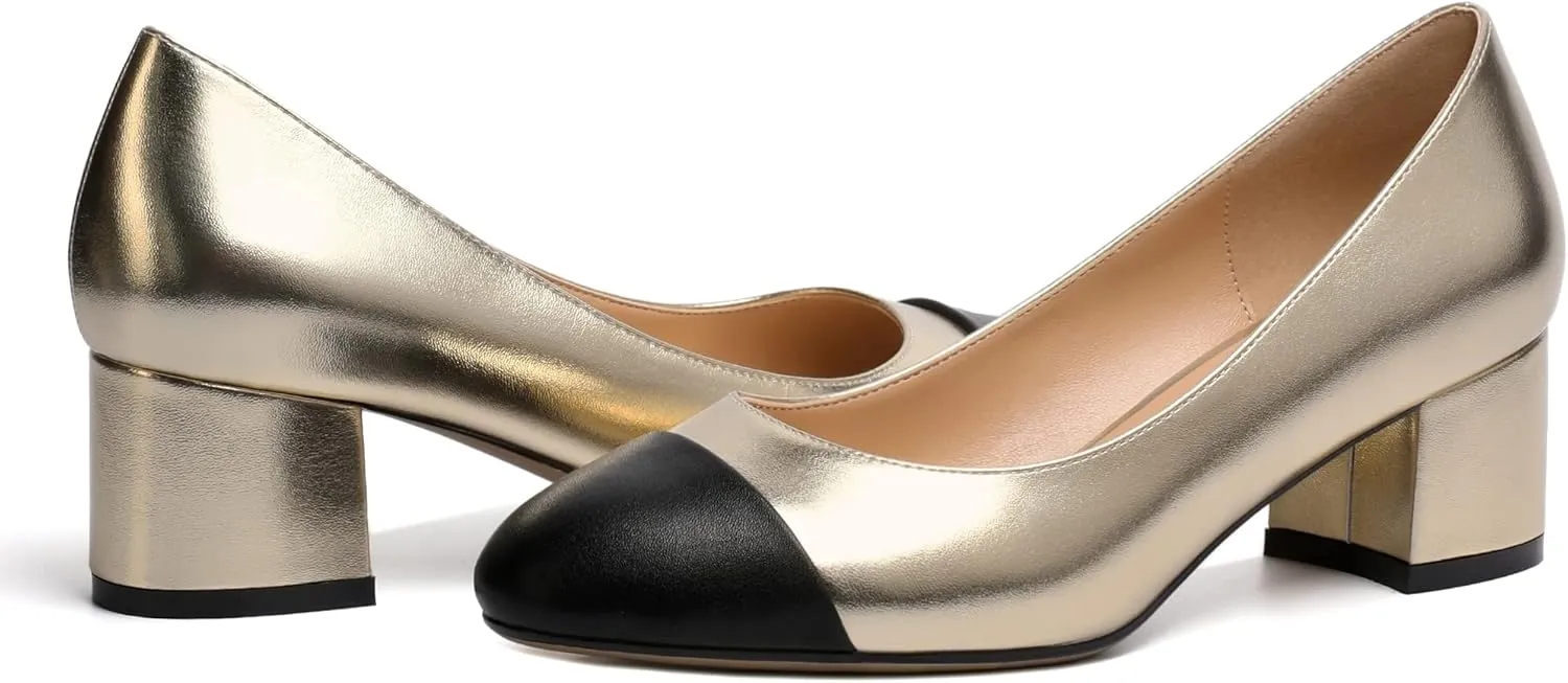 Eldof Women's Round Cap Toe Block Heels Slip On Chunky Low Heel Pumps for Wedding Party Office Classic Dress Shoes 2 Inches