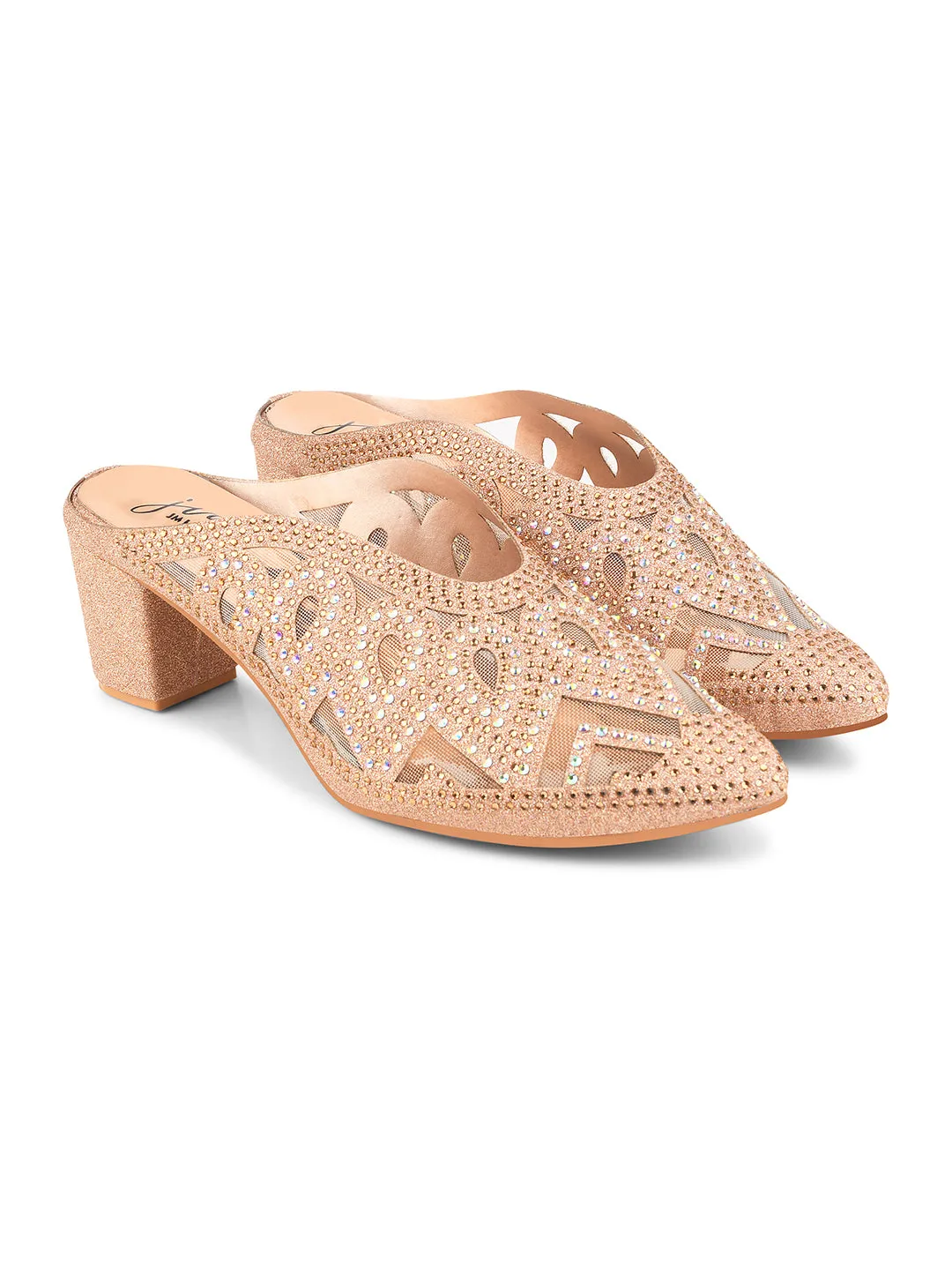 Embellished Pointed-Toe Block Mule Heels