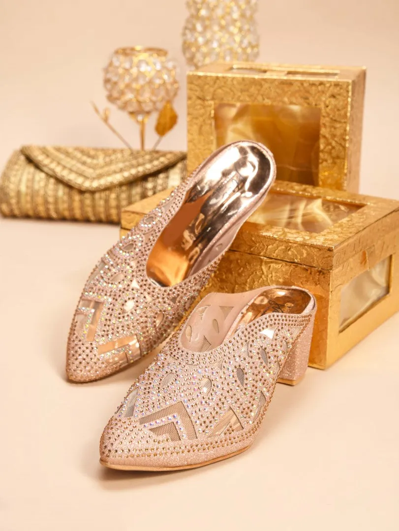 Embellished Pointed-Toe Block Mule Heels