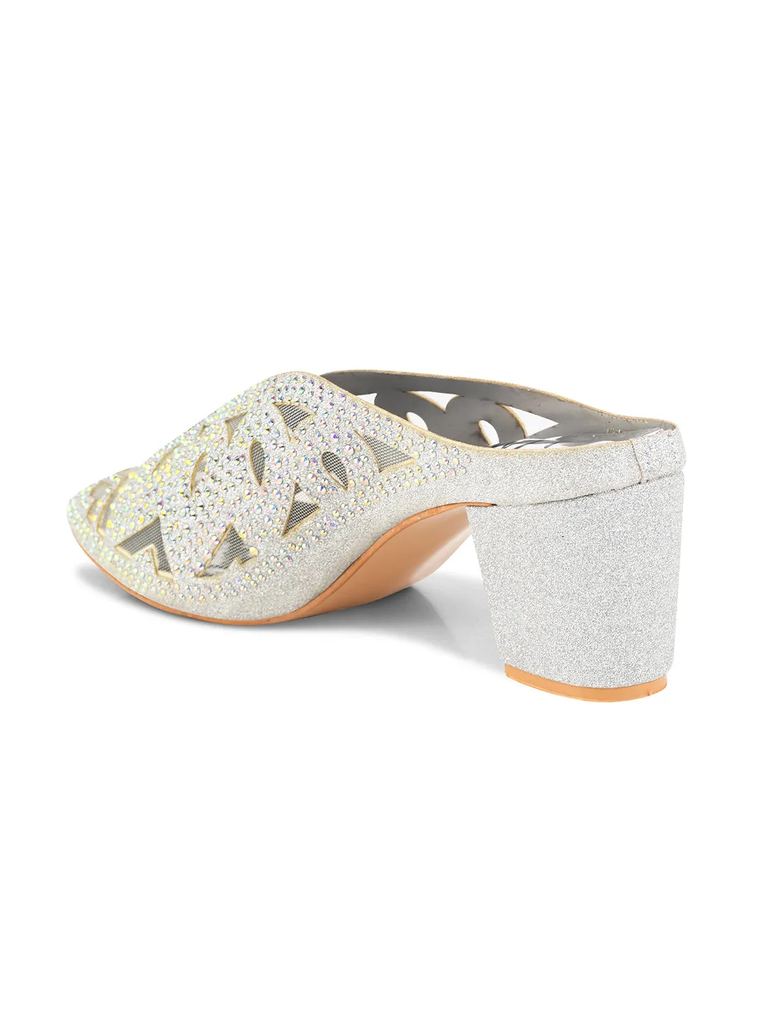 Embellished Pointed-Toe Block Mule Heels