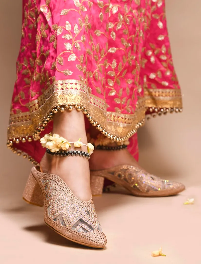 Embellished Pointed-Toe Block Mule Heels