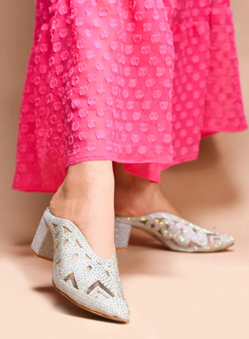 Embellished Pointed-Toe Block Mule Heels