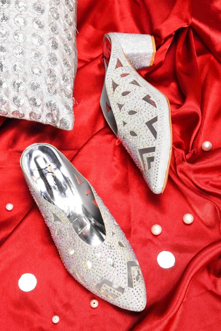 Embellished Pointed-Toe Block Mule Heels
