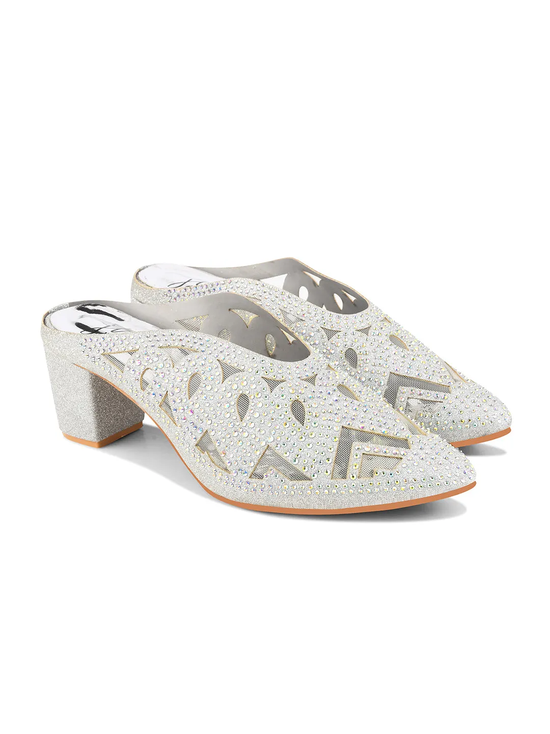 Embellished Pointed-Toe Block Mule Heels