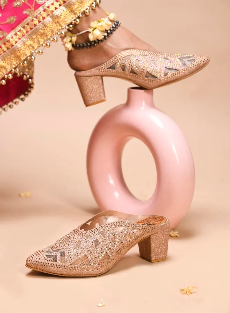 Embellished Pointed-Toe Block Mule Heels