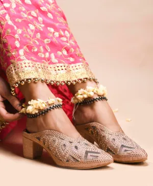 Embellished Pointed-Toe Block Mule Heels