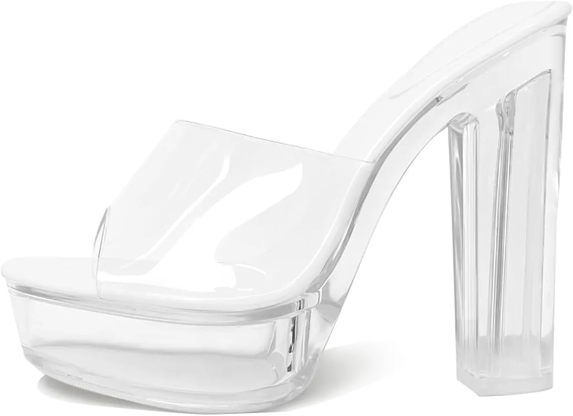 Fantoesay Women's Clear Platform Sandals Chunky Heel Mules Slip On Sandals