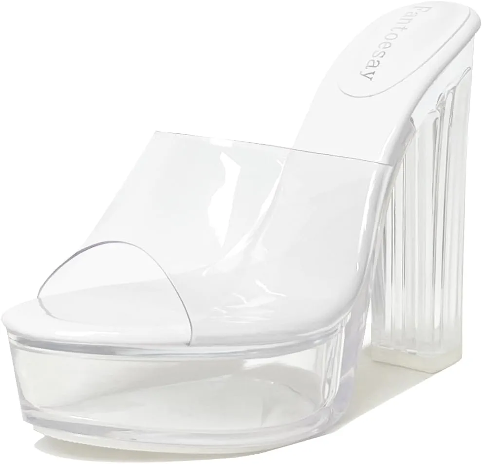 Fantoesay Women's Clear Platform Sandals Chunky Heel Mules Slip On Sandals