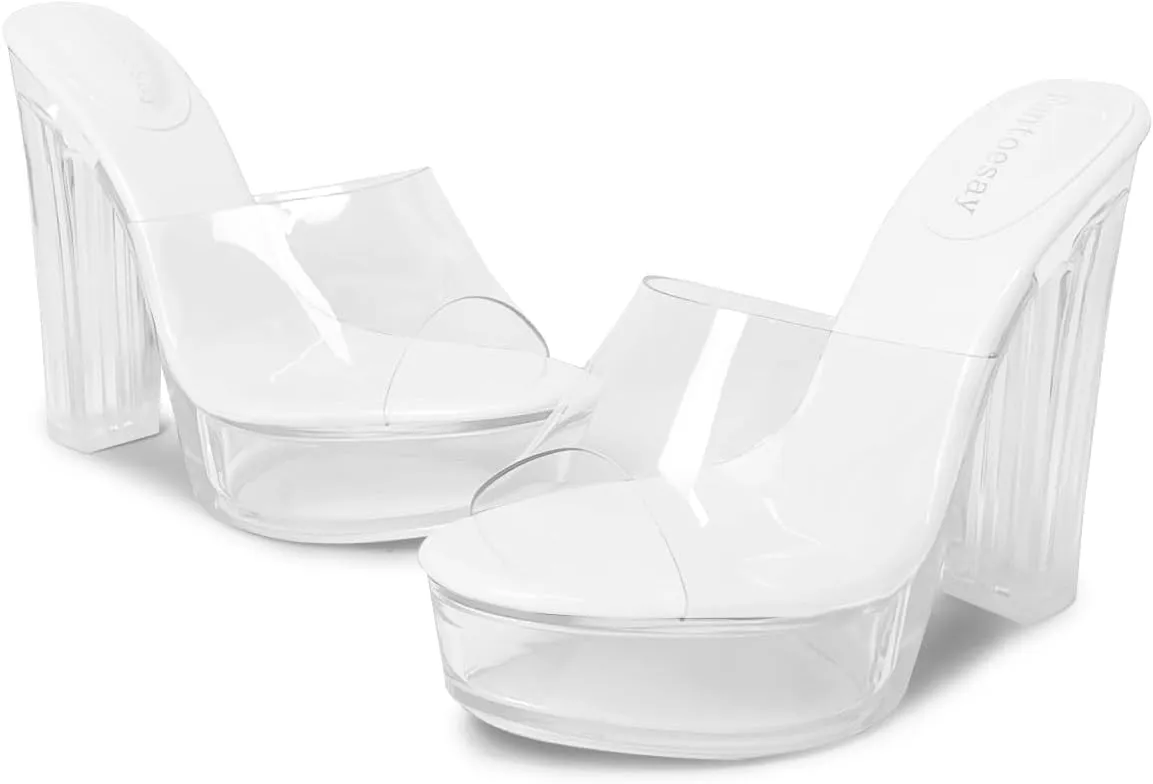 Fantoesay Women's Clear Platform Sandals Chunky Heel Mules Slip On Sandals