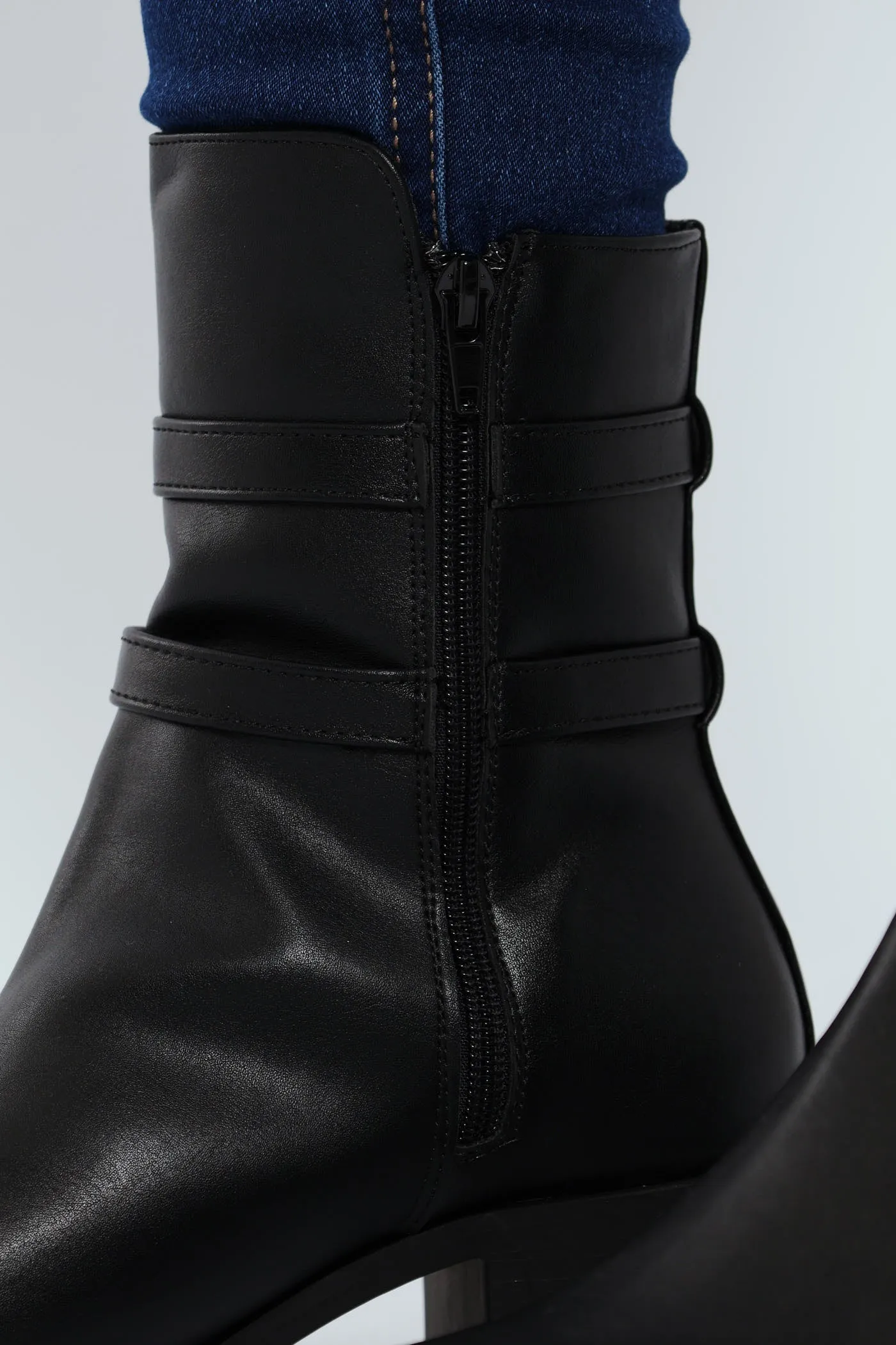 Flat Ankle Buckle Boot - Black