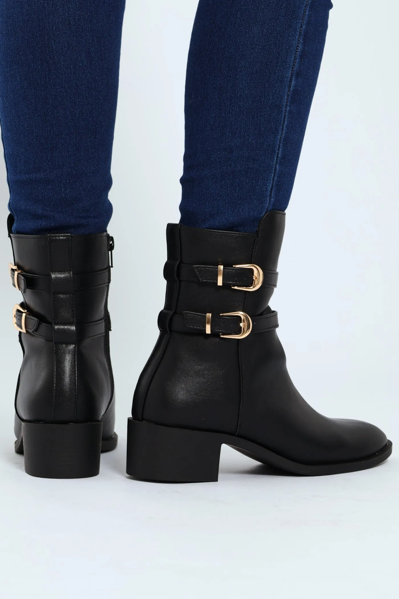 Flat Ankle Buckle Boot - Black